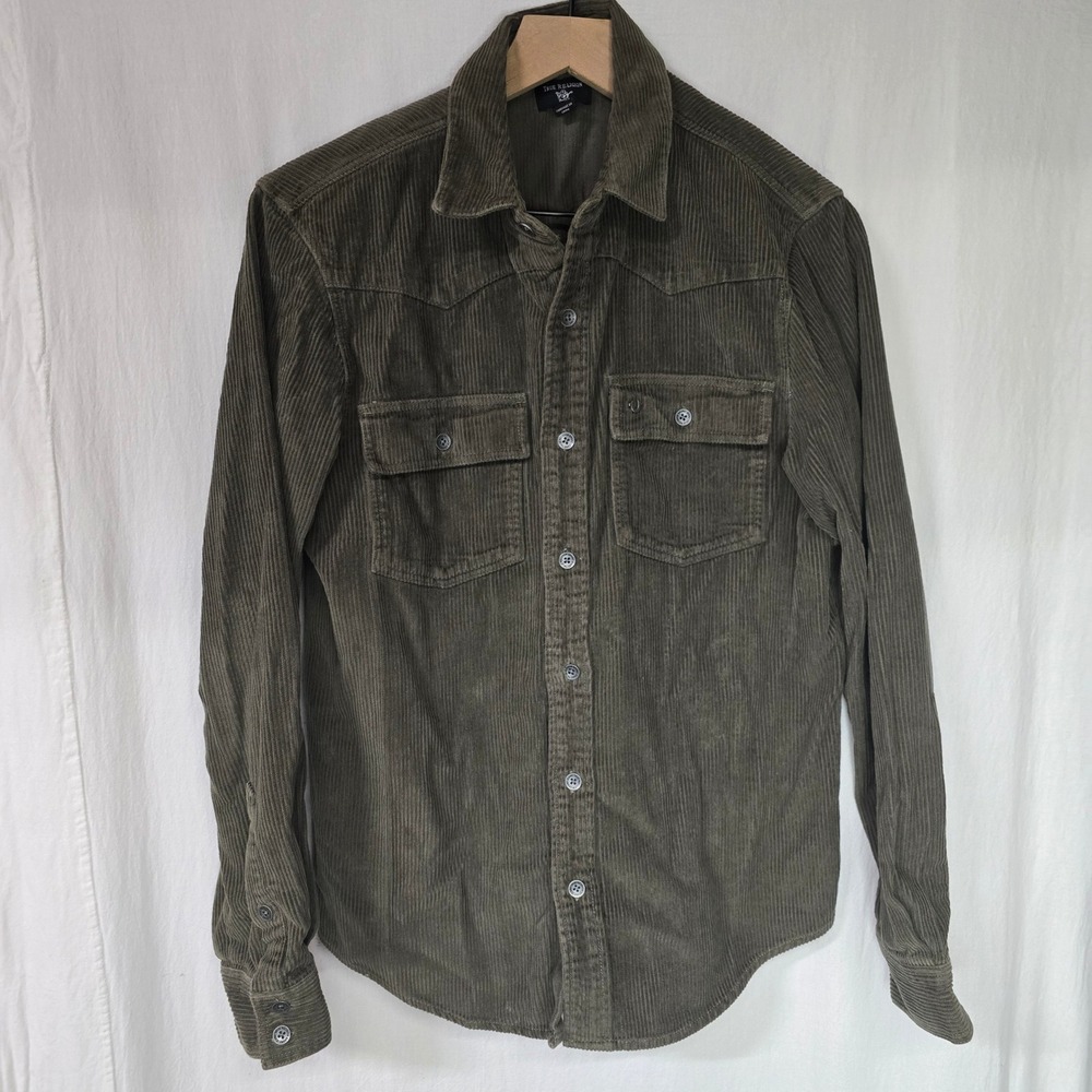 True Religion Western Over Dye Corduroy Button Down Shirt Mens Small Olive Green